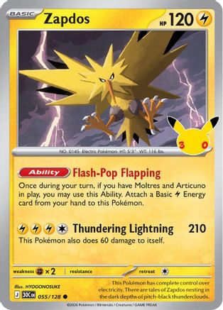 Zapdos 055/128  - Holofoil ME 30th Celebration - Common