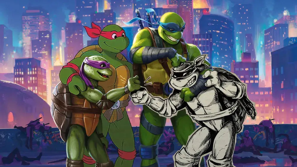 Four animated teenaged mutant ninja turtles in a cityscape at night