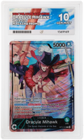 Front of Dracule Mihawk OP14-020 English Magazine Promo ACE Gem Mint 10 slab, certificate 1569169