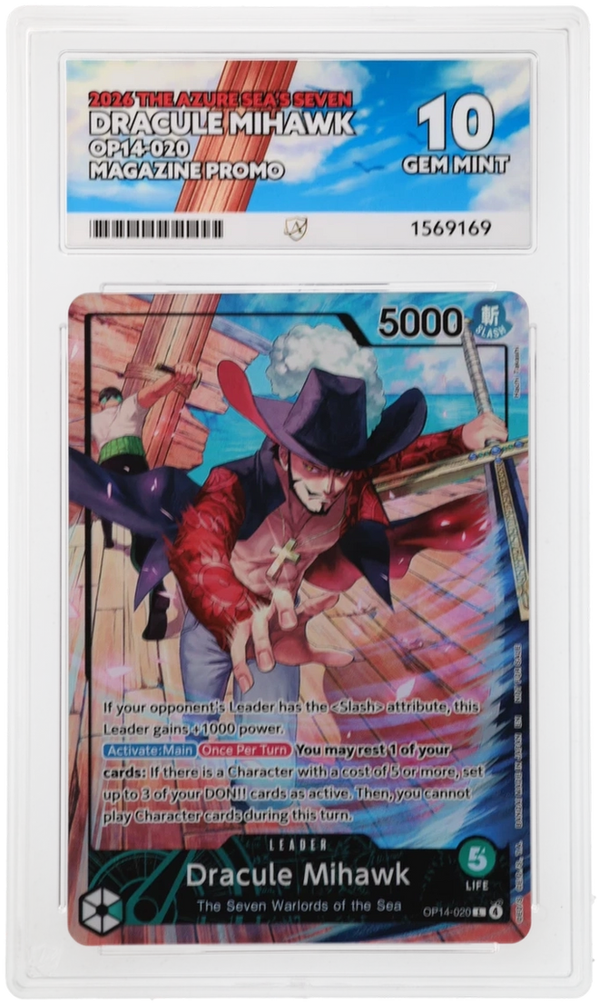 Front of Dracule Mihawk OP14-020 English Magazine Promo ACE Gem Mint 10 slab, certificate 1569169