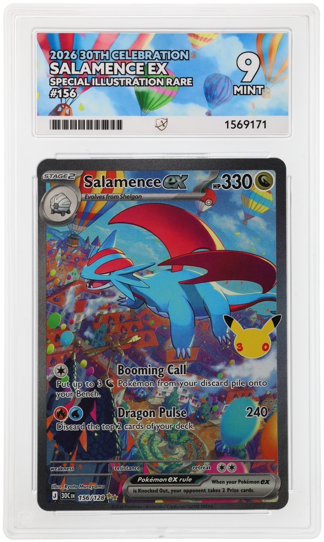 Front of Salamence ex 156/128 English ACE Mint 9 slab, certificate 1569171