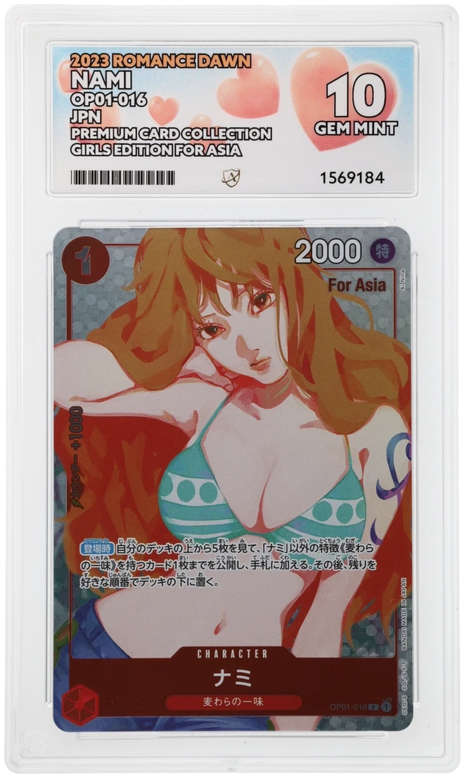 Front of Nami OP01-016 Japanese Girls Edition for Asia ACE Gem Mint 10 slab, certificate 1569184