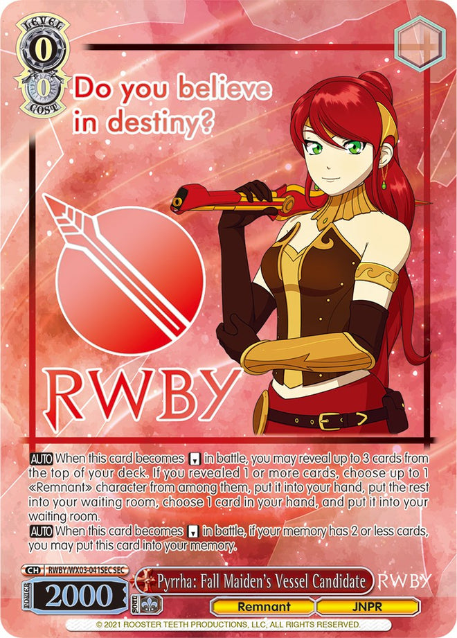 Pyrrha: Fall Maiden's Vessel Candidate (RWBY/WX03-041SEC SEC) [RWBY]